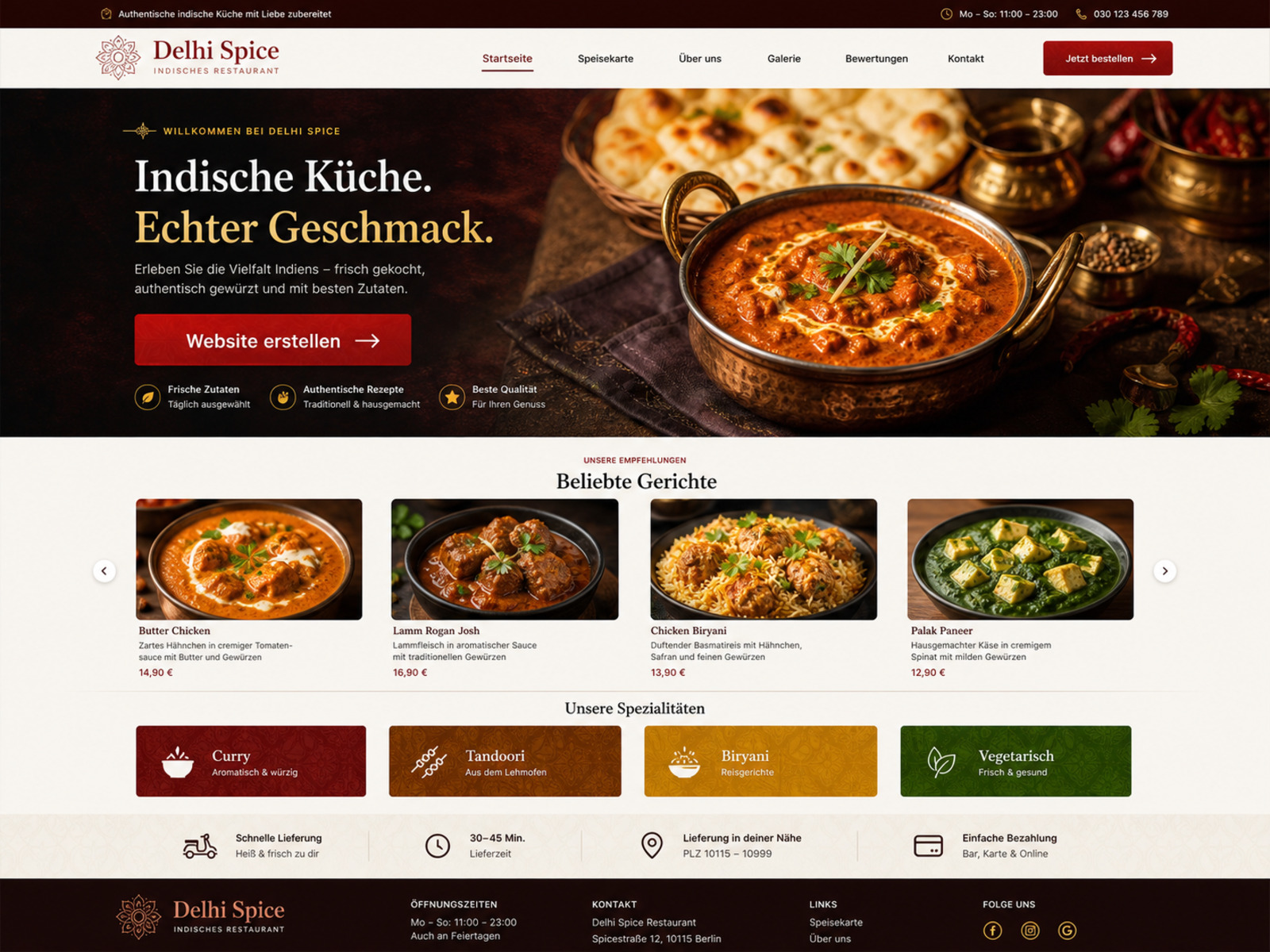 Website-Vorschau für indische Restaurants und Curry-Konzepte